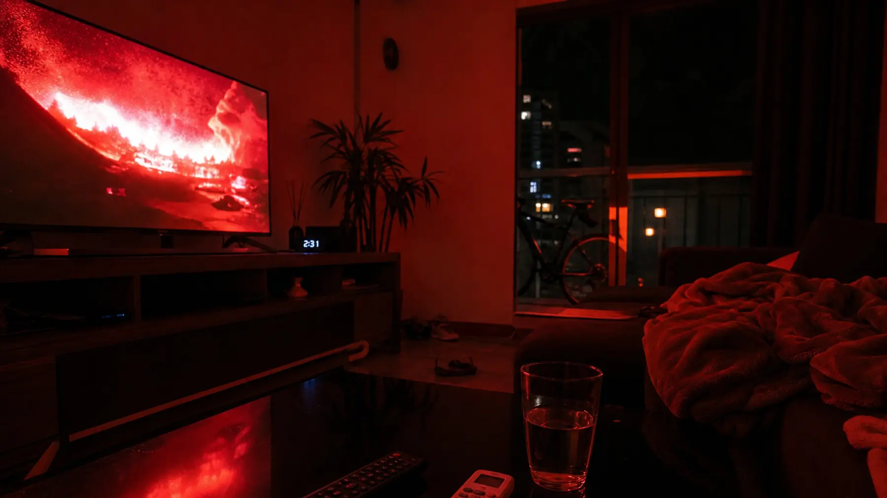 Sala escura à noite, Smart TV ligada com conteúdo, controles na mesa, ambiente cinematográfico de quem fica até tarde assistindo