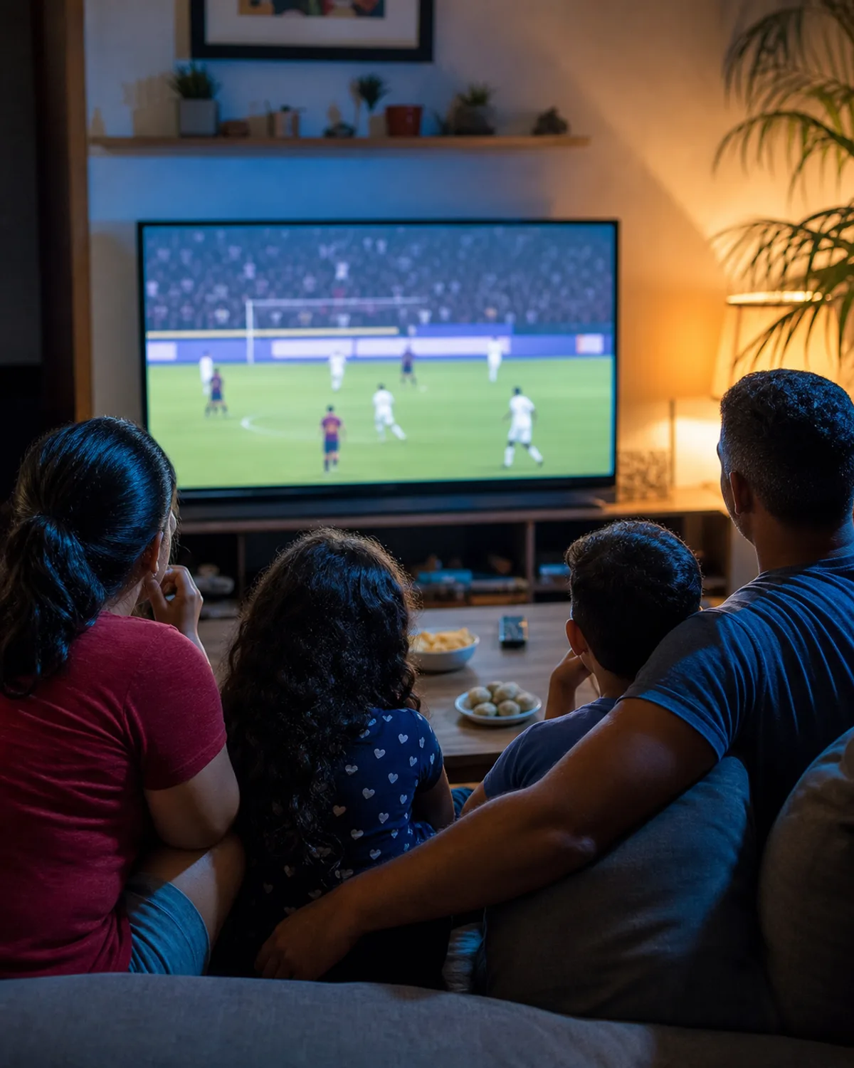 Sala de estar brasileira terça à noite, família junta, partida do Brasileirão na TV grande, ninguém olhando pro celular