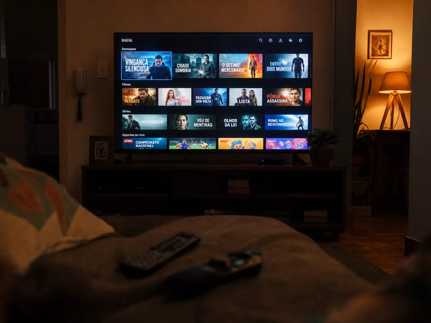 Smart TV escancarada no catálogo de apps, Netflix Prime Vevo na grade, sala escura ambient à noite